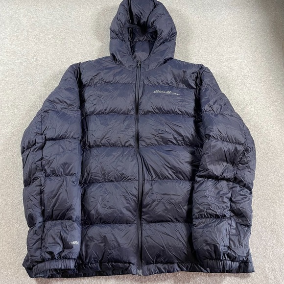 Eddie Bauer Wide Channel Hooded Jacket Mens Large Blue Puffer EB 650 Gorpcore - Picture 1 of 11